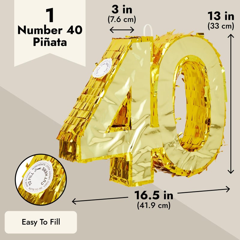 Sparkle and Bash Gold Foil Number 40 Pinata - Gold Foil Elegance for 40th Birthday Decorations - Easy-Fill Top Flap for Birthday Party - Hang & Centerpiece for Party Decor - Small - 16.5 x 3 x 13 in - Image 3